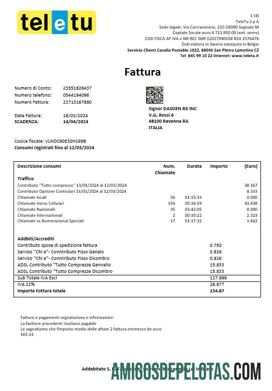 Para baixar modelo de conta de serviços públicos TeleTu da Itália em formato Word e PDF